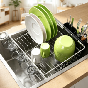 Expandable Stainless Steel In-Sink Dish Rack with Built-in Plate Holder & Cutlery Caddy (Silver)
