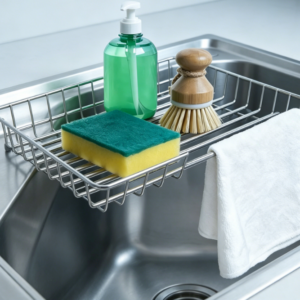 Triangular Corner Sink Dish Rack – Foldable Stainless Steel Corner Storage Basket (Includes Sponge Holder)