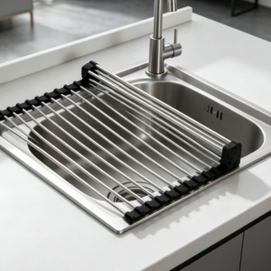 Roll-Up Over-the-Sink Dish Rack – Foldable Stainless Steel Kitchen Drying Mat