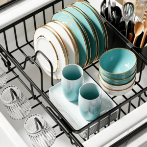 Adjustable Over-the-Sink Dish Rack – Stainless Steel Plate & Cutlery Organizer (Includes Cup Holder) (Black)