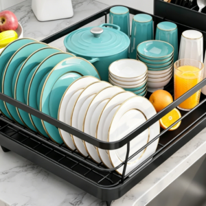 Stainless Steel Kitchen Dish Rack (with Utensil Holder) – Countertop Organizer (Black)