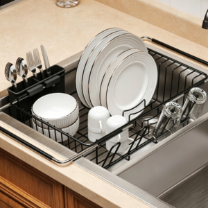 Modern Minimalist Over-the-Sink Dish Rack – Expandable Stainless Steel Design – Ideal for Small Kitchens