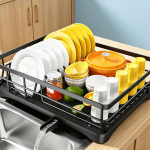 High-Capacity Dish Rack (with Drip Tray) – Rustproof Stainless Steel Dish Drainer (Black)