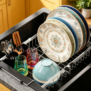 Heavy-Duty In-Sink Stainless Steel Dish Rack (with Locking Mechanism, Black)