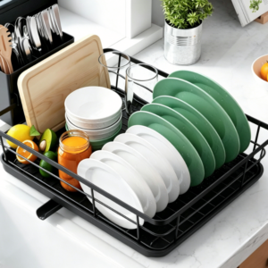 Stainless Steel Kitchen Countertop Dish Rack & Sink Organizer (Includes Cutlery Caddy) (Black)