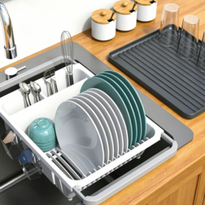 High-Capacity Expandable Dish Rack – Kitchen Organizer with Drip Tray and Cup Holders