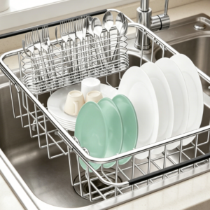 Adjustable Stainless Steel Sink Dish Rack – Rustproof Dish Organizer (with Utensil Holder)