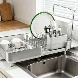 Expandable Dish Rack (with Wine Glass Rack and Drainage Spout) – Stainless Steel Design