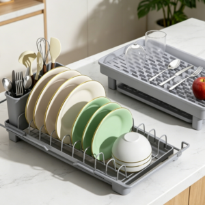 2-in-1 Expandable Dish Rack – Stainless Steel Dish Drainer with Auto-Draining Tray