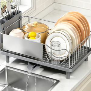 High-Capacity Stainless Steel Dish Rack Set – Includes Drip Tray, Utensil Holder, and Cup Rack (Gray)