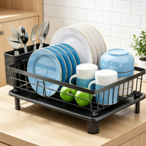 Stainless Steel Dish Drainer (with Removable Utensil Holder and Drip Tray, Black)