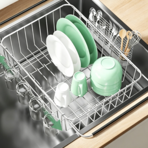 In-Sink Expandable Dish Rack – Rustproof Stainless Steel Design (with Cup Rack and Utensil Holder)