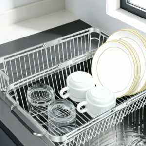 2-in-1 Sink Dish Rack – Expandable Stainless Steel Drying Basket and Dish Drainer