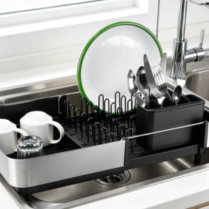 Expandable Dish Rack (with Wine Glass Rack and Drainage Spout, Black)