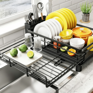 High-Capacity Expandable Dish Rack – Stainless Steel Kitchen Countertop Drying Basket (Black)