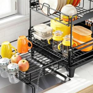 High-Capacity Double-Tier Countertop Dish Rack (with Cup Holders &...) — Cutlery Organizer (Black)