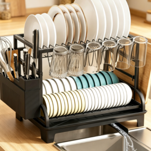 Double-Tier Foldable Dish Rack (with Drip Tray) — High-Capacity Kitchen Organizer (Black)