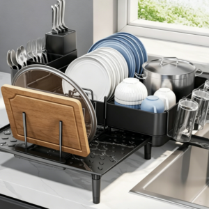 Telescopic Dish Rack (with Drip Tray) — Stainless Steel Cutlery Organizer