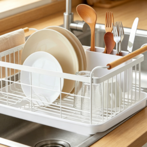 Modern Minimalist Dish Rack (Steel & Wood Design) — Includes Drip Tray & Cutlery Holder (White)