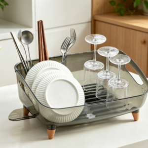 Dish Rack Set (with Drip Tray) — Kitchen Dish & Bowl Organizer (Translucent Black)