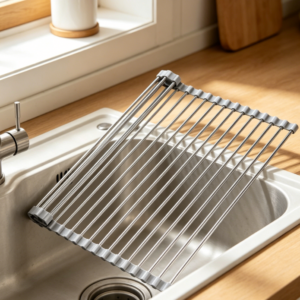 Roll-Up Foldable Dish Rack – Over-the-Sink Stainless Steel Organizer & Multi-functional Kitchen Shelf (Gray)