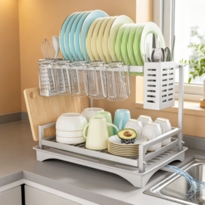 High-Capacity Double-Tier Dish Rack (Aluminum Alloy) — Includes Cutlery Holder & Drip Tray (Silver)