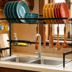 Adjustable Over-the-Sink Dish Rack — Large-Size Telescopic Stainless Steel Design (Black)