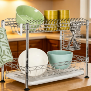 Double-Tier Adjustable Dish Rack (with Cutlery Holder) — Durable Steel Construction